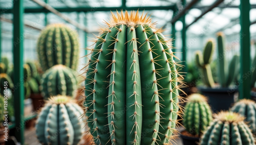 Poster large green cactus with long thorns in greenhouse environment showcasing lush foliage and selective 