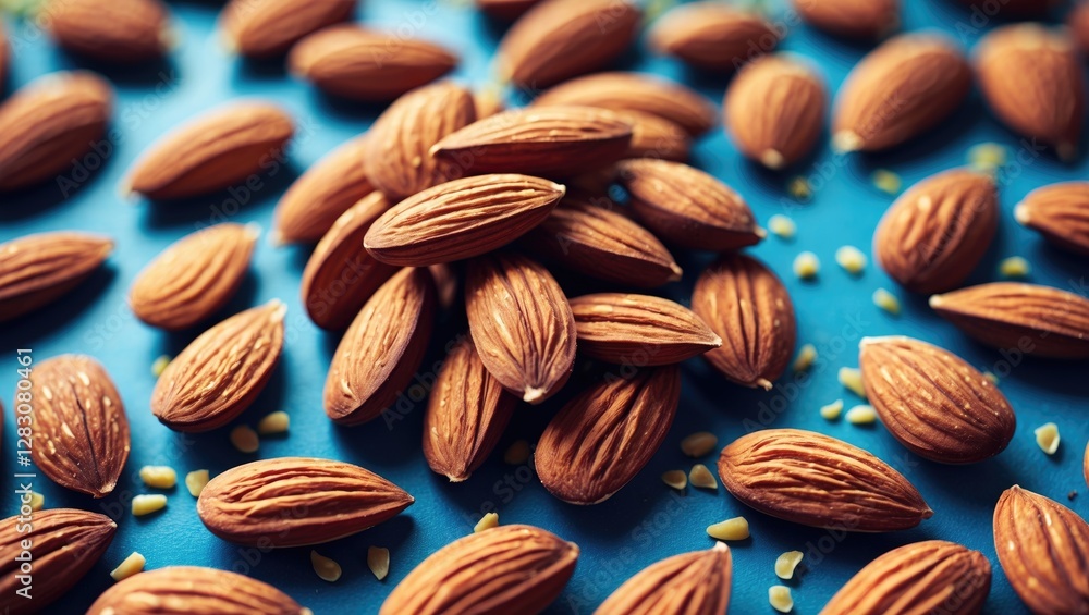 Poster Almond nuts scattered on a vibrant blue surface with shallow depth of field creating a textured food backdrop for culinary designs