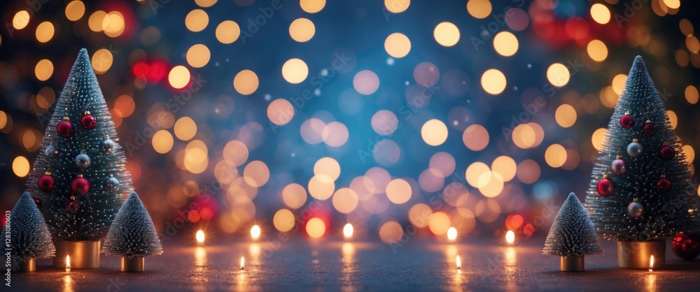 Poster festive holiday background featuring colorful bokeh lights and decorative miniature christmas trees 