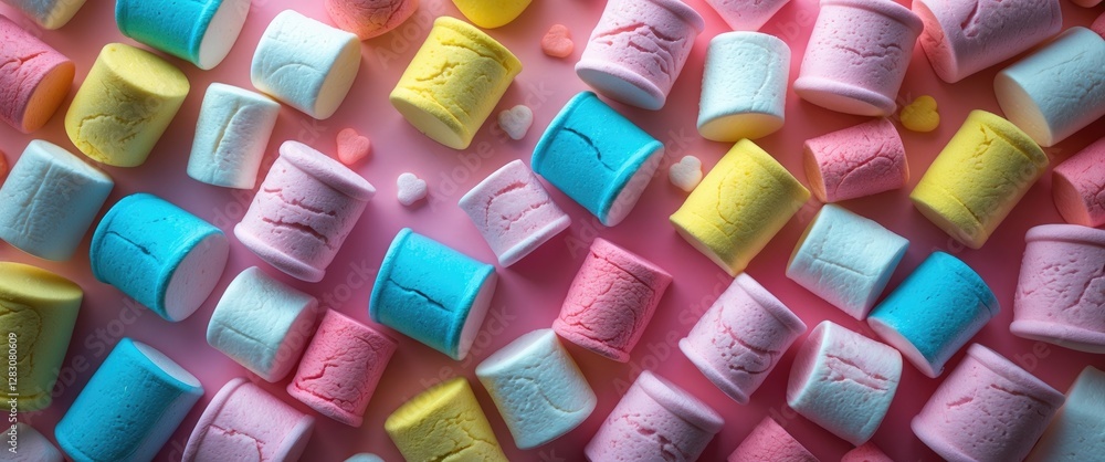 Poster vibrant assortment of pastel marshmallows arranged creatively on a soft background perfect for candy