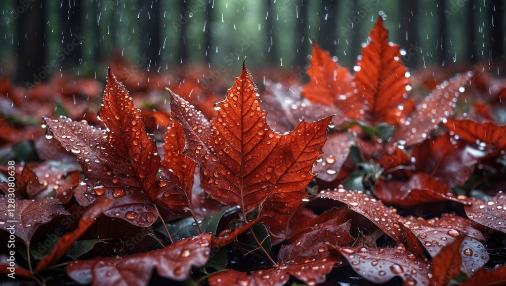 Poster Vibrant autumn leaves glistening with raindrops in a serene forest setting creating a tranquil and refreshing nature scene.