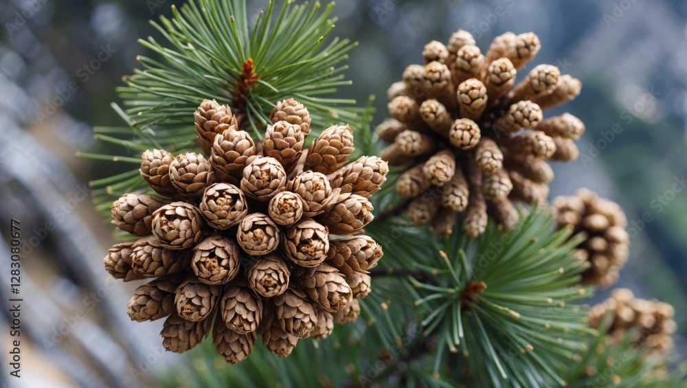 Poster close-up view of pine tree cones surrounded by green pine needles in a natural setting with blurred 