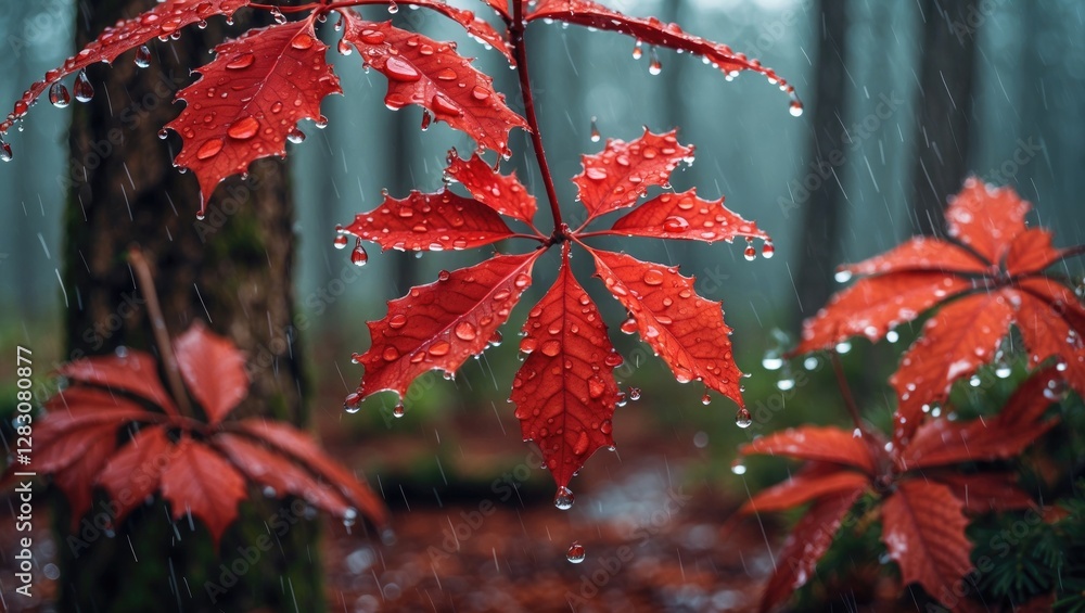 Poster vibrant red leaves adorned with water droplets in a misty forest setting after rainfall, showcasing 