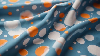 Close-up view of vibrant fabric featuring an abstract polka dot pattern in blue, orange, and white, ideal for home decor designs.