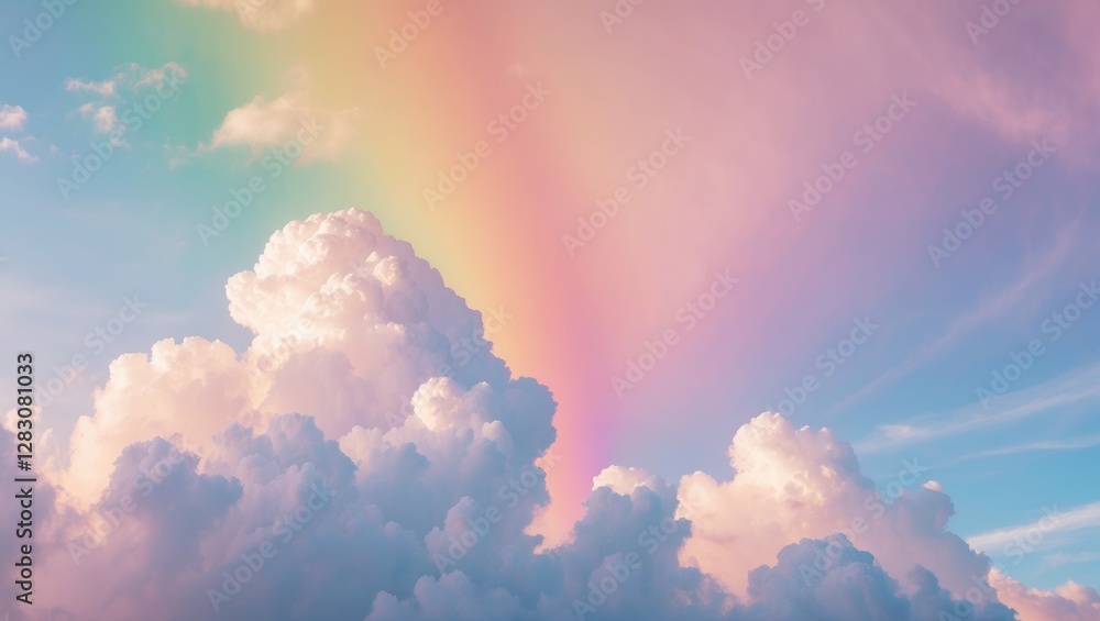 Poster pastel rainbow arching over fluffy clouds in a serene sky creating a dreamy and tranquil atmosphere 
