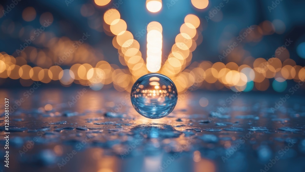 Poster Elegant bokeh background with a glass sphere reflecting warm lights creating a dreamy and artistic atmosphere perfect for creative projects.