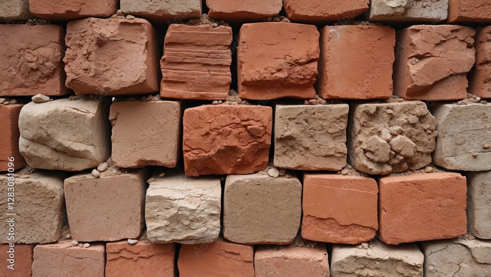 Poster textured clay brick wall featuring varied shades and shapes of bricks for architectural and design b