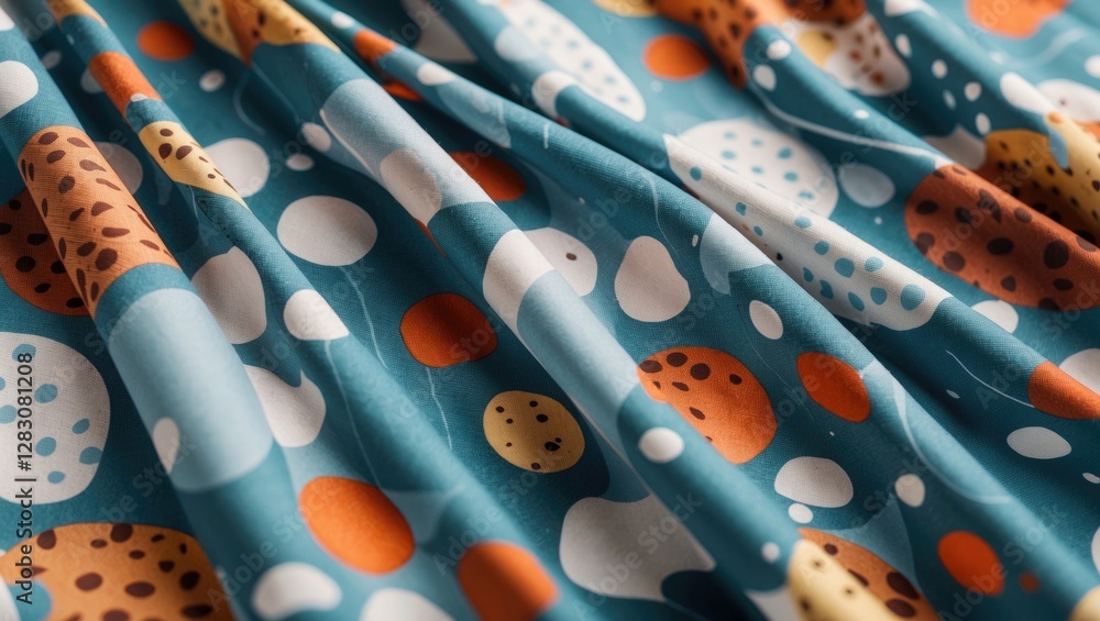 Poster textured fabric close-up featuring colorful abstract spots and patterns, ideal for apparel, home dec