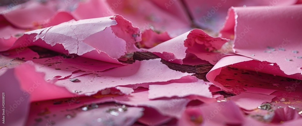 Aufkleber Torn pieces of vibrant pink Korean paper scattered on a surface creating a textured and colorful backdrop for creative projects.