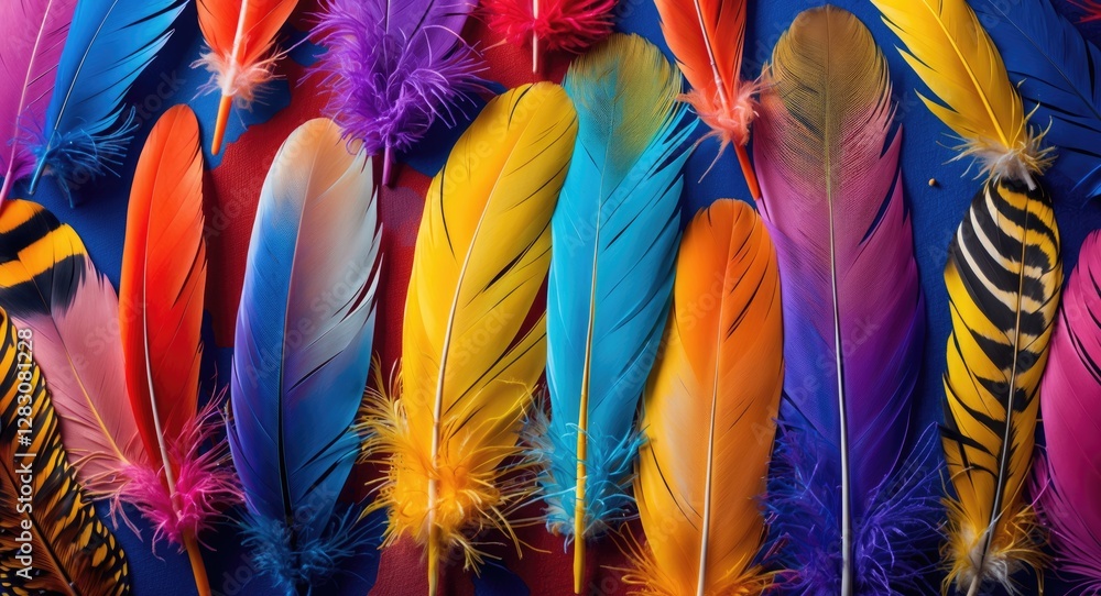 Poster Vibrant assortment of colorful bird feathers arranged in a beautiful pattern showcasing textures and vivid hues for artistic backgrounds.
