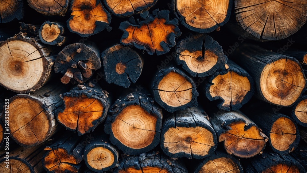 Poster textured close-up of burnt wooden logs showcasing intricate patterns and contrasting colors of charr