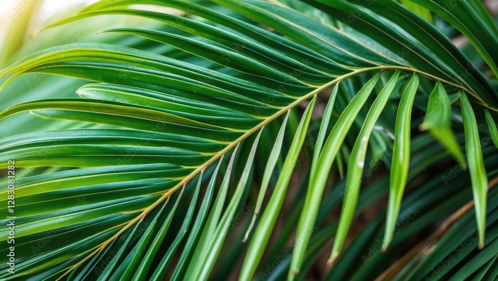 Poster vibrant close-up of lush green palm leaves showcasing intricate textures and patterns in natural lig