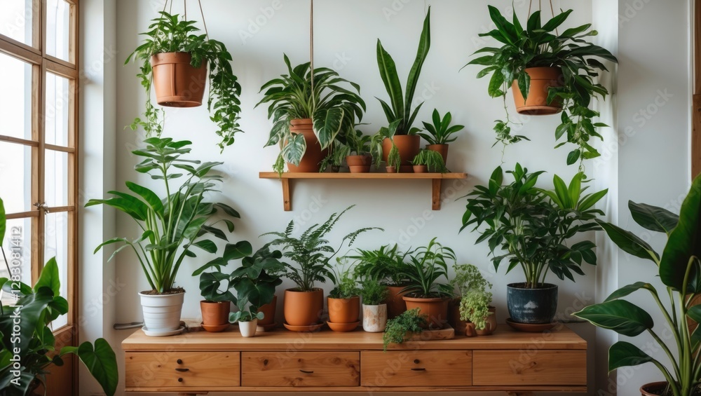 Poster indoor plants beautifully arranged on a wooden shelf and table, creating a refreshing and vibrant ho