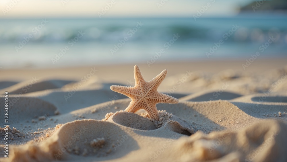 Poster close up of a starfish resting on golden sand with a blurred sea background capturing a serene beach