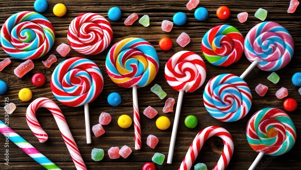 Poster colorful lollipops and assorted candies arranged on a wooden surface creating a vibrant and festive 