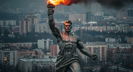 Fototapeta premium Monumental worker figure holding torch aloft against cityscape backdrop
