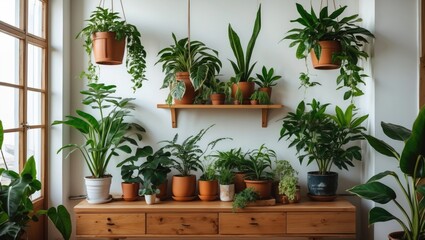 Indoor plants beautifully arranged on a wooden shelf and table, creating a refreshing and vibrant home atmosphere with ample copy space.