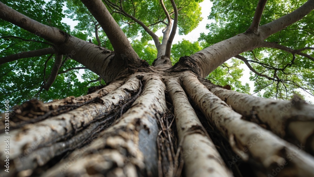 Aufkleber View from below showcasing the intricate trunk and lush canopy of a towering tree surrounded by vibrant green leaves.