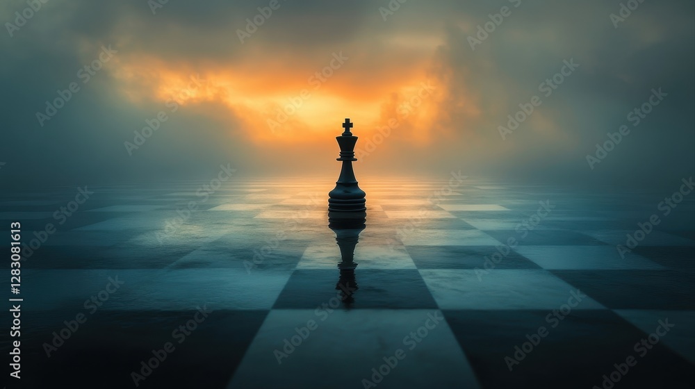 Poster classic chess board displaying a single chess piece in focus with intricate details highlighting str