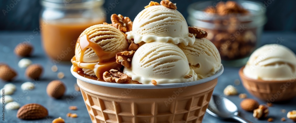 Poster ice cream bowl with three scoops of vanilla and caramel sauce topped with nuts and assorted toppings
