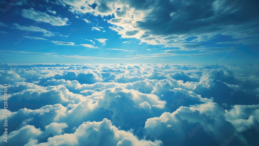 Aufkleber Serene cloud layer under a bright blue sky with sun rays illuminating the soft fluffy clouds creating a peaceful atmosphere.
