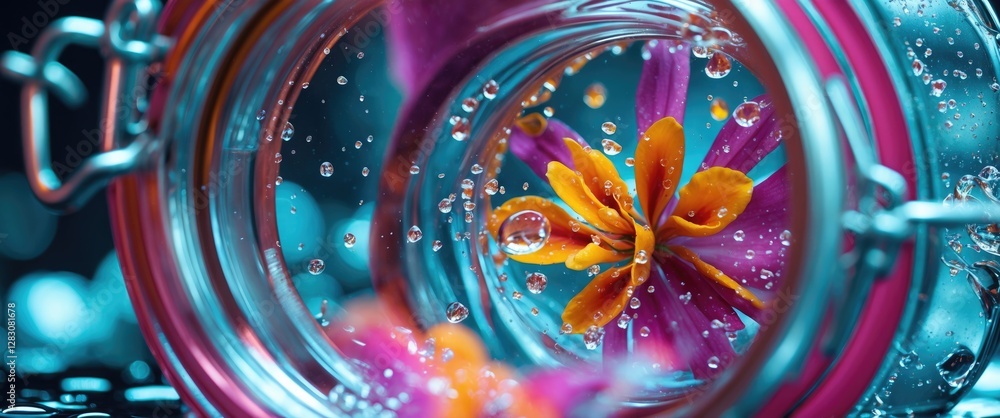 Poster close up of an open glass jar filled with water and vibrant flowers surrounded by droplets creating 