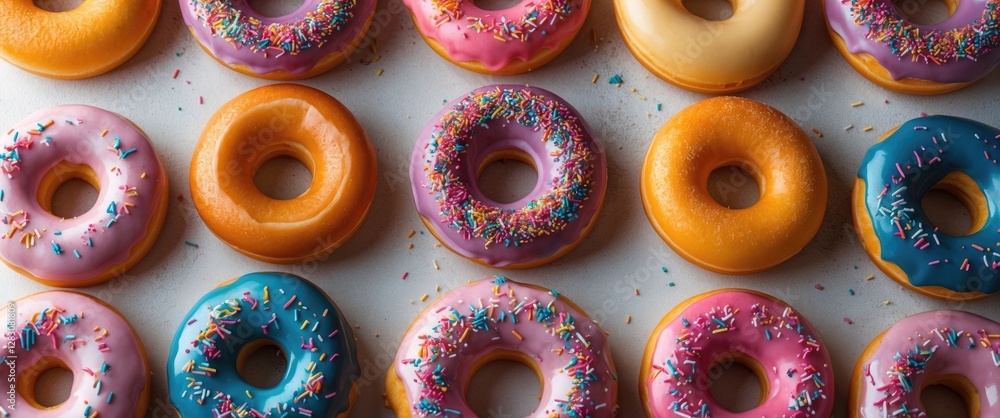 Poster Colorful donuts arranged in a neat pattern on a light background adorned with sprinkles for a bright and delightful visual treat