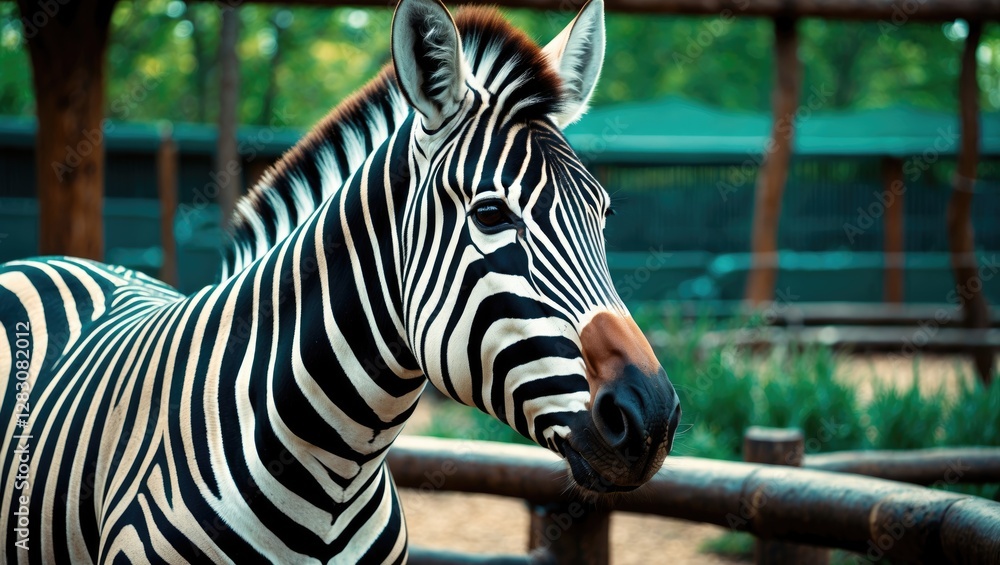Aufkleber detailed close-up of a zebra in a zoo showcasing its striking black and white stripes with a blurred