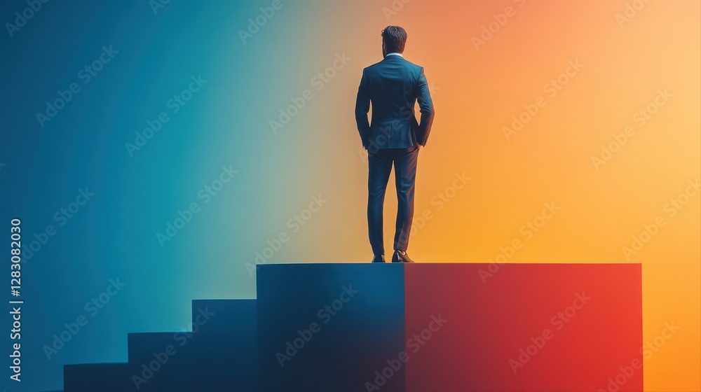 Poster a man standing confidently on a staircase with a bright light source casting shadows in an inviting 