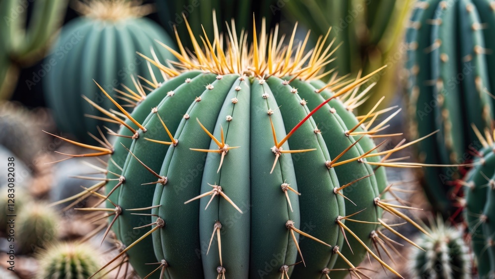 Aufkleber Close up of a round cactus displaying long striking thorns surrounded by various other cacti in a vibrant desert landscape