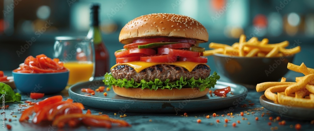 Poster delicious classic beef burger with fresh toppings and empty space for text in vibrant restaurant set
