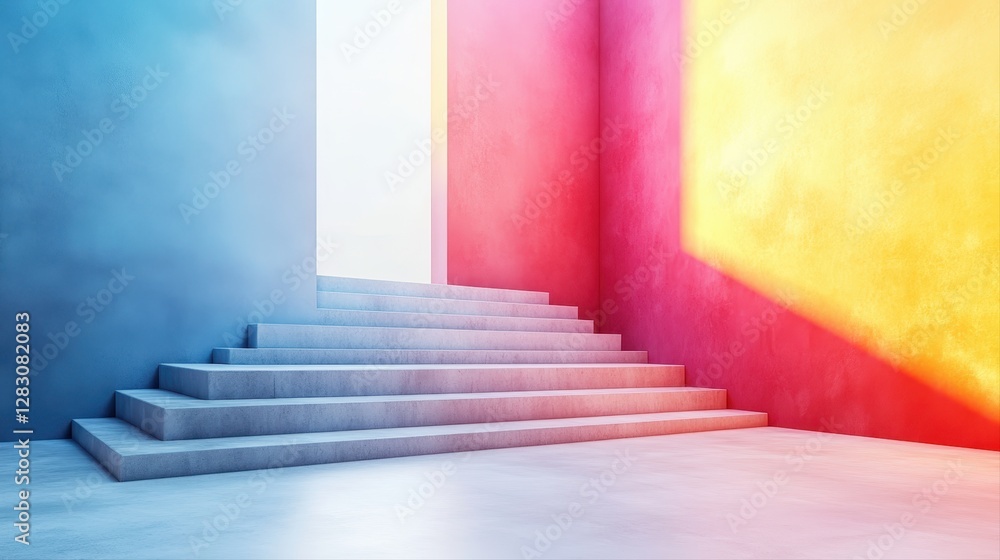 Poster a brightly colored wall complementing a stylish staircase creating a vibrant and inviting atmosphere