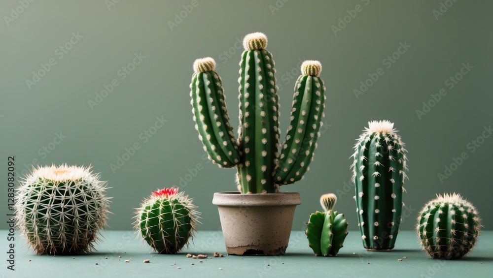 Aufkleber various types of ornamental cacti arranged in a row on a green background with natural lighting show