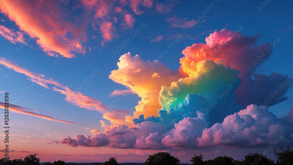 Poster Vibrant sunset clouds illuminated with colors creating a stunning evening sky scene over a tranquil landscape