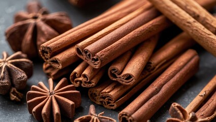 Cinnamon sticks and star anise closeup on dark background showcasing warm spices and textures for culinary and aromatic themes.