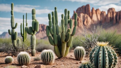 Desert landscape featuring various cacti species with rocky mountains in the background under a partly cloudy sky
