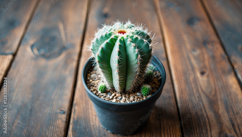Aufkleber cactus in black pot on wooden surface with small pebbles and additional smaller cacti around it in n
