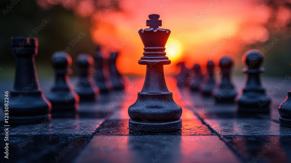Poster elegant chess set displayed on a wooden table ready for an engaging match featuring intricately desi