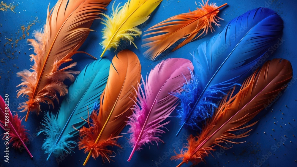 Poster vibrant colored feathers arranged artfully on a deep blue background creating a festive carnival atm