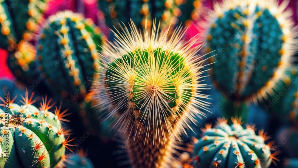 Poster close-up view of various cacti with prominent spines and textured surfaces illuminated by sunlight i