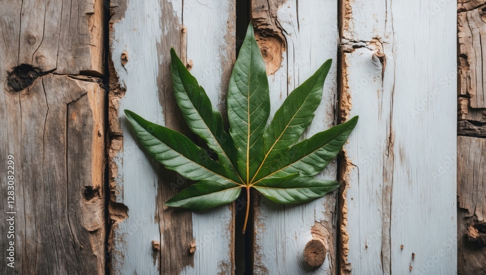 Poster Close up of vibrant green leaf resting on rustic wooden slats with a soft white wall background creating a natural and serene atmosphere.