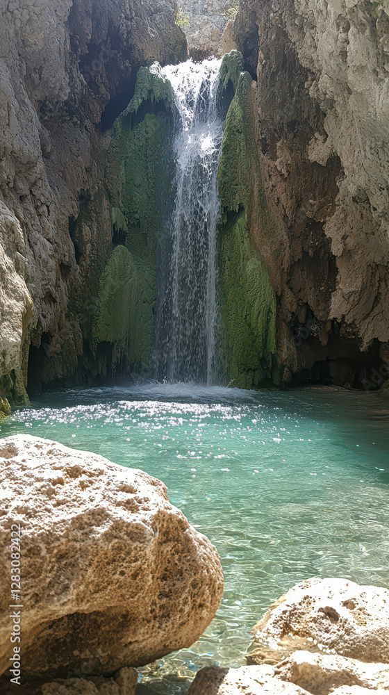 Poster cascading waterfall flowing into a serene turquoise pool surrounded by rugged cliffs