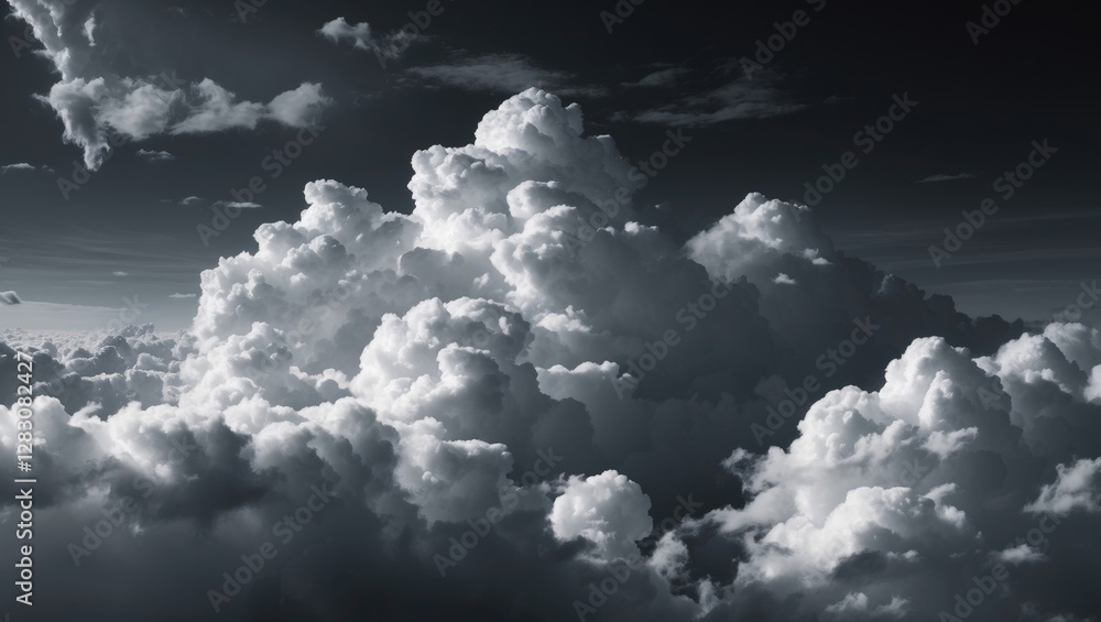 Poster Dramatic clouds in black and white with intricate textures creating a striking abstract visual contrast against a dark sky.