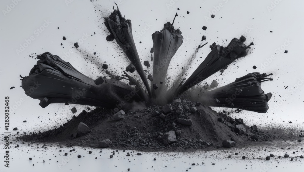 Poster Dynamic explosion of black powder creating a dramatic cloud of dust and particles against a clean white background showcasing energy and motion.