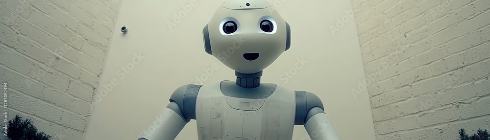 Aufkleber robot and technology concept, robot with friendly expression in a room