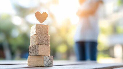 Wooden blocks stacked with a heart on top, outdoors with blurred person in background; represents stability, love, growth, or balance. Ideal for websites, blogs, or social media