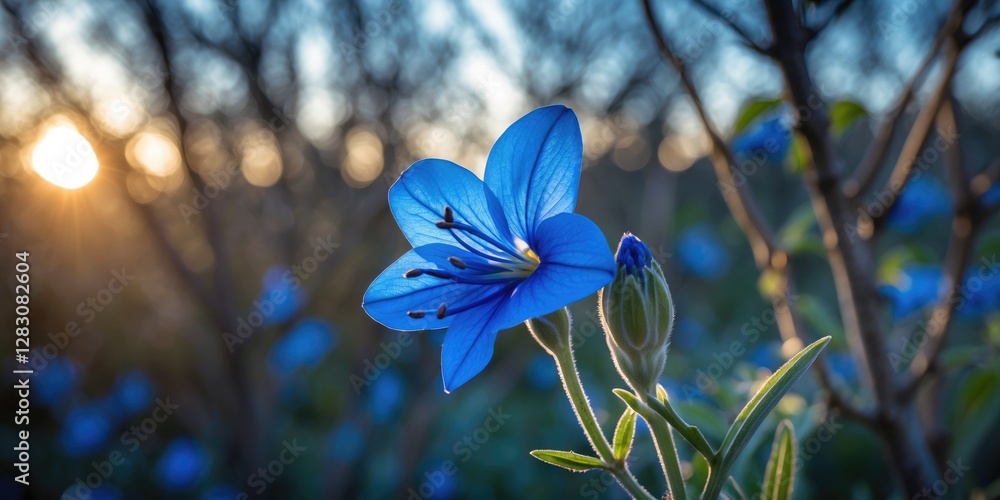 Poster Close-Up of Vibrant Blue Flower with Evening Sunlight and Soft Bokeh Background Creating Serene Atmosphere and Space for Text Overlay