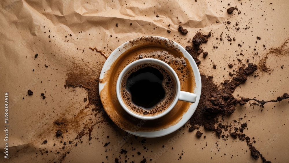 Poster coffee cup with dark liquid on crumpled paper background scattered with ground coffee and stains cre