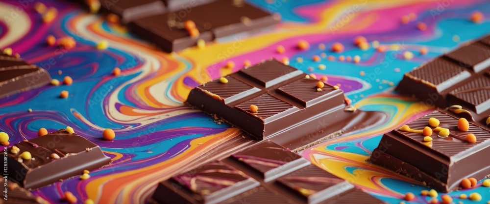 Poster close up of marbled chocolate squares with colorful background and decorative sprinkles in an artist