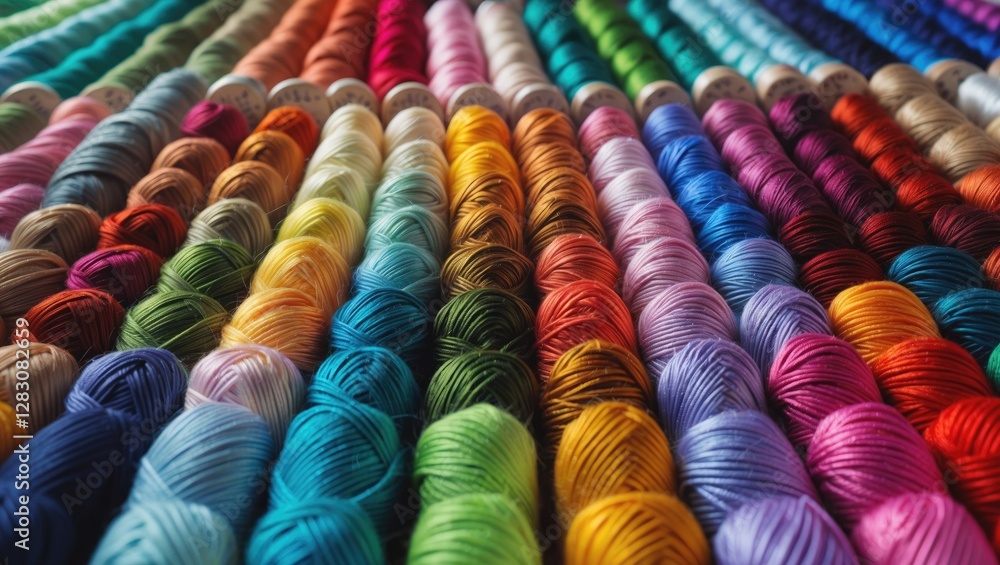 Poster vibrant display of colorful embroidery and sewing threads arranged in a palette for creative craftin